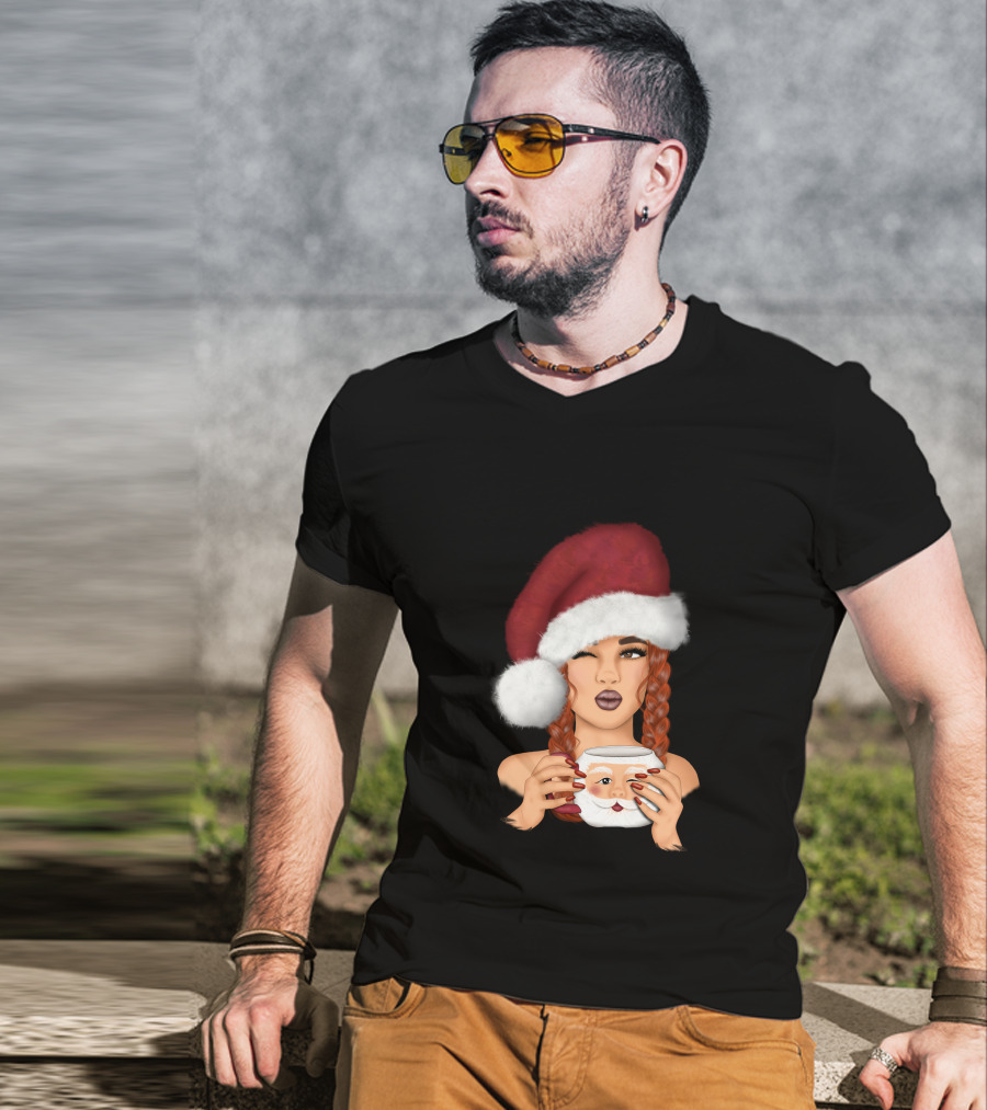 Christmas Red Hair Girl With Santa Hat And Santa Mug T-Shirt