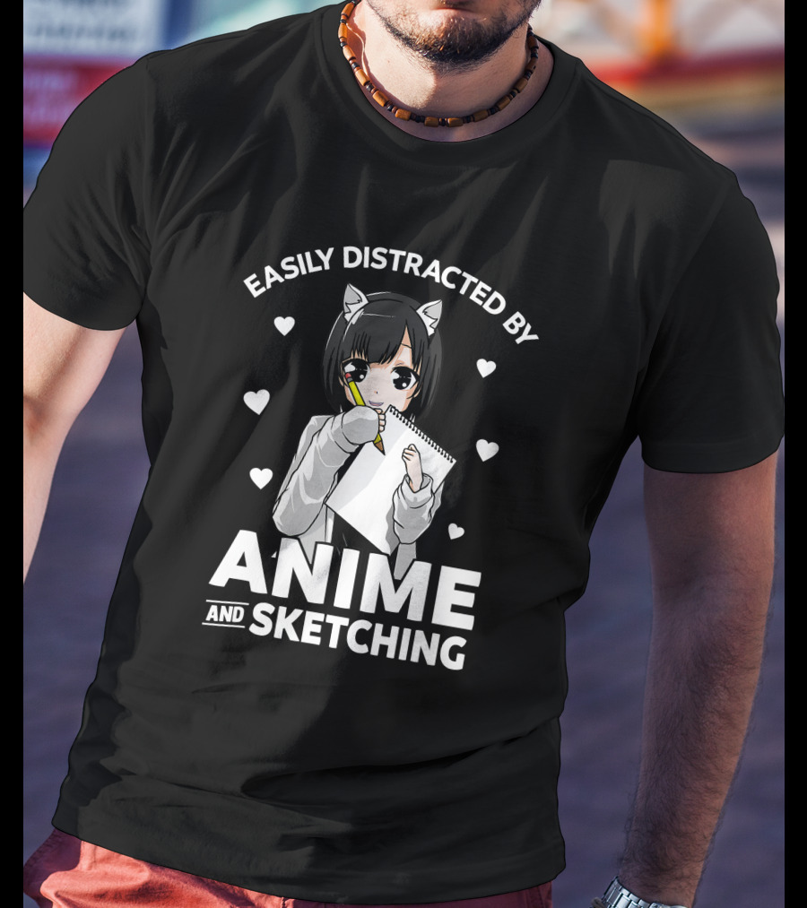Easily Distracted By Anime And Sketching Cute Anime Girl With Sketchbook And Hearts T-Shirt