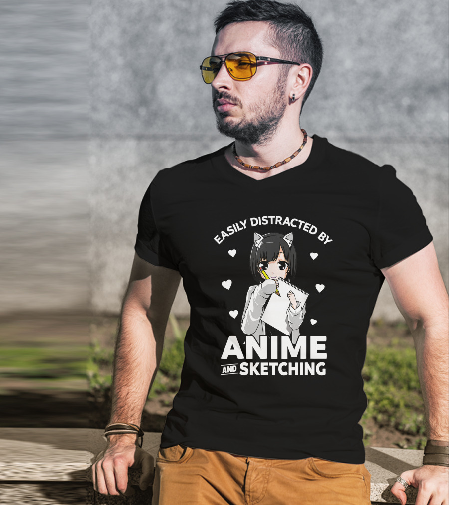 Easily Distracted By Anime And Sketching Cute Anime Girl With Sketchbook And Hearts T-Shirt