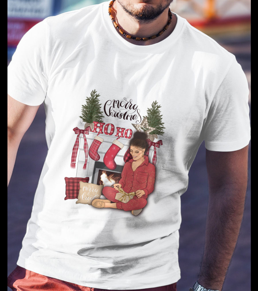 Merry Christmas Ho Ho Ho Girl By Fireplace With Stockings And Christmas Tree Decor T-Shirt