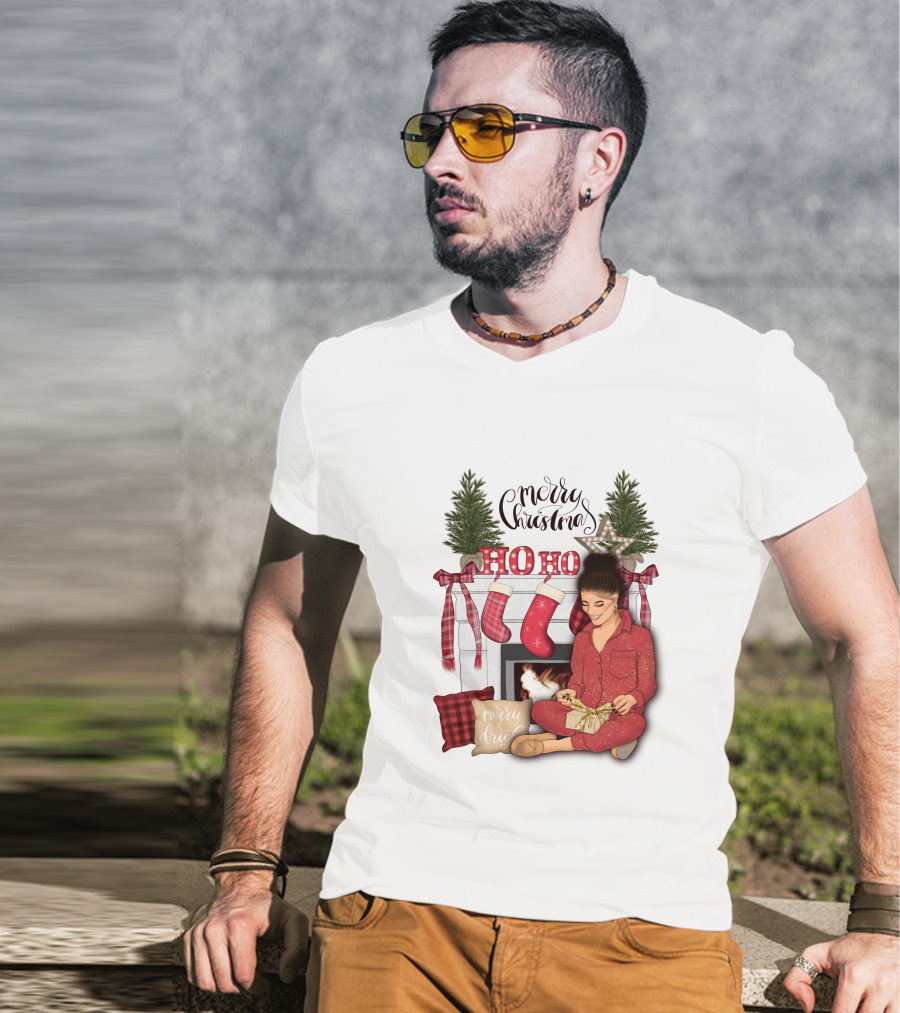 Merry Christmas Ho Ho Ho Girl By Fireplace With Stockings And Christmas Tree Decor T-Shirt