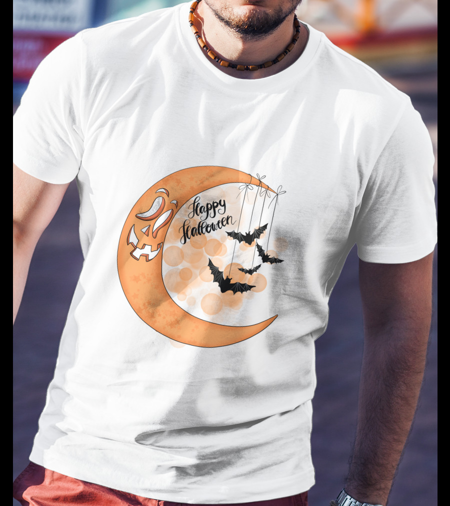 Happy Halloween Moon With Bats And Jack-O'-Lantern Face T-Shirt