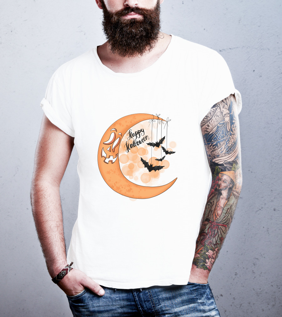 Happy Halloween Moon With Bats And Jack-O'-Lantern Face T-Shirt