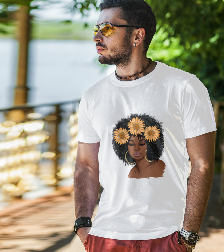 Afro Woman With Sunflowers And Hoop Earrings T-Shirt
