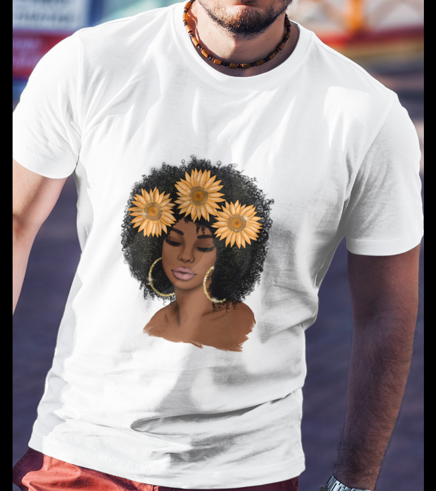 Afro Woman With Sunflowers And Hoop Earrings T-Shirt