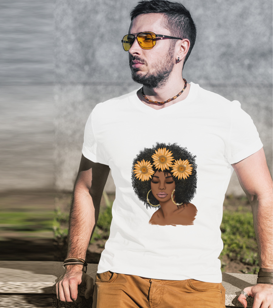 Afro Woman With Sunflowers And Hoop Earrings T-Shirt