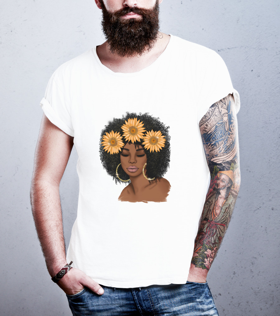 Afro Woman With Sunflowers And Hoop Earrings T-Shirt