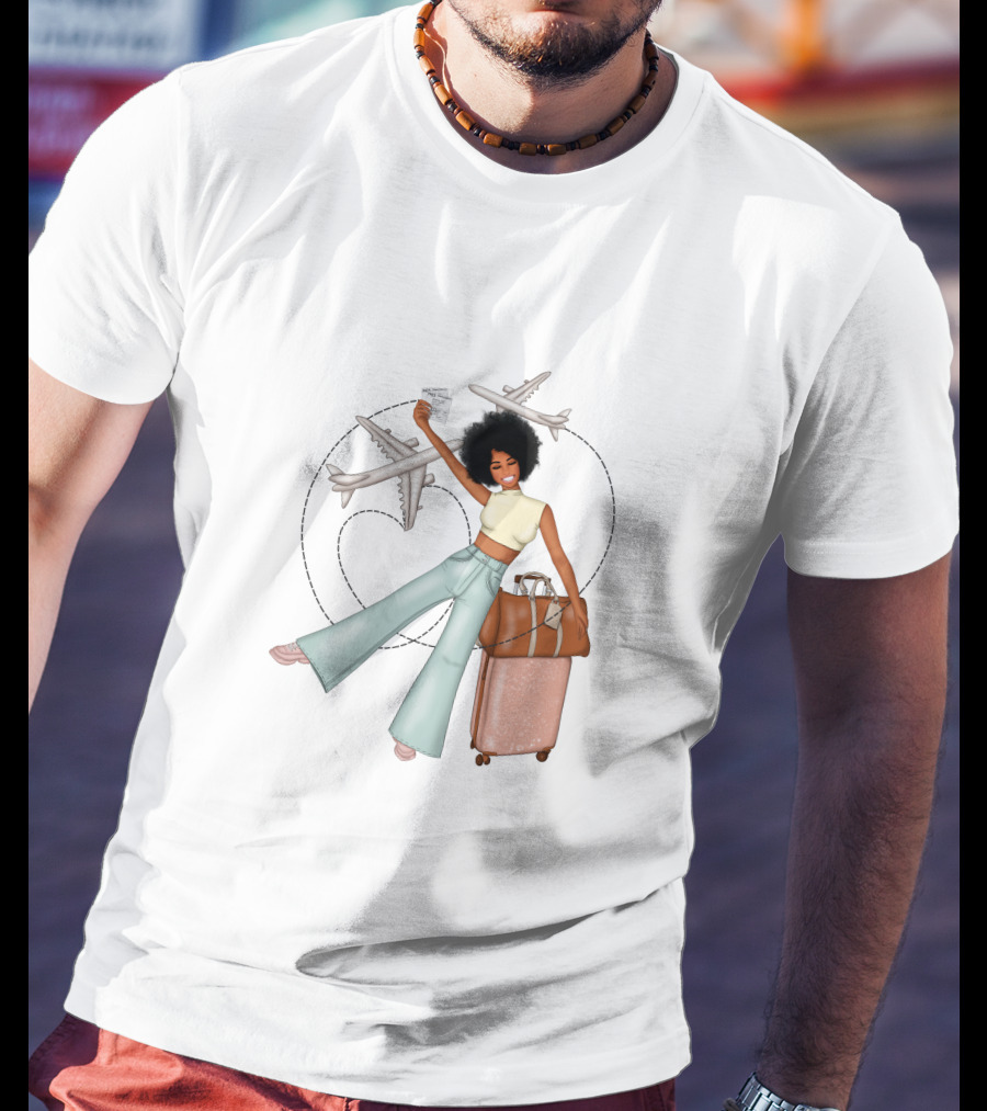 Traveling African American Girl With Suitcase And Airplanes T-Shirt