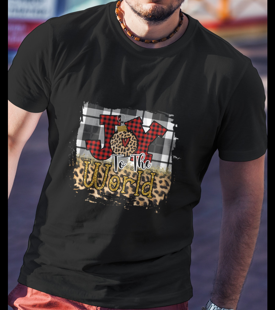 Joy To The World Buffalo Plaid Leopard Christmas T-Shirt