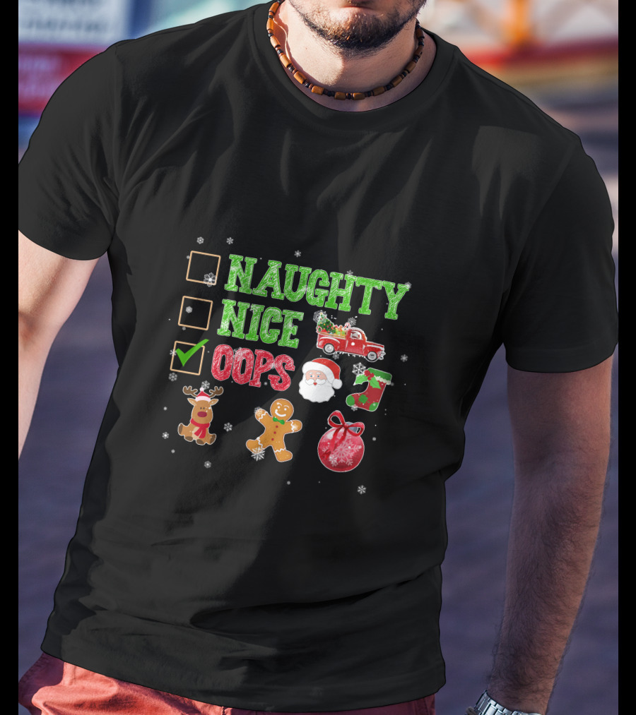 Naughty Nice Oops List Christmas Icons Santa Red Truck Gingerbread Sun Snowflakes T-Shirt