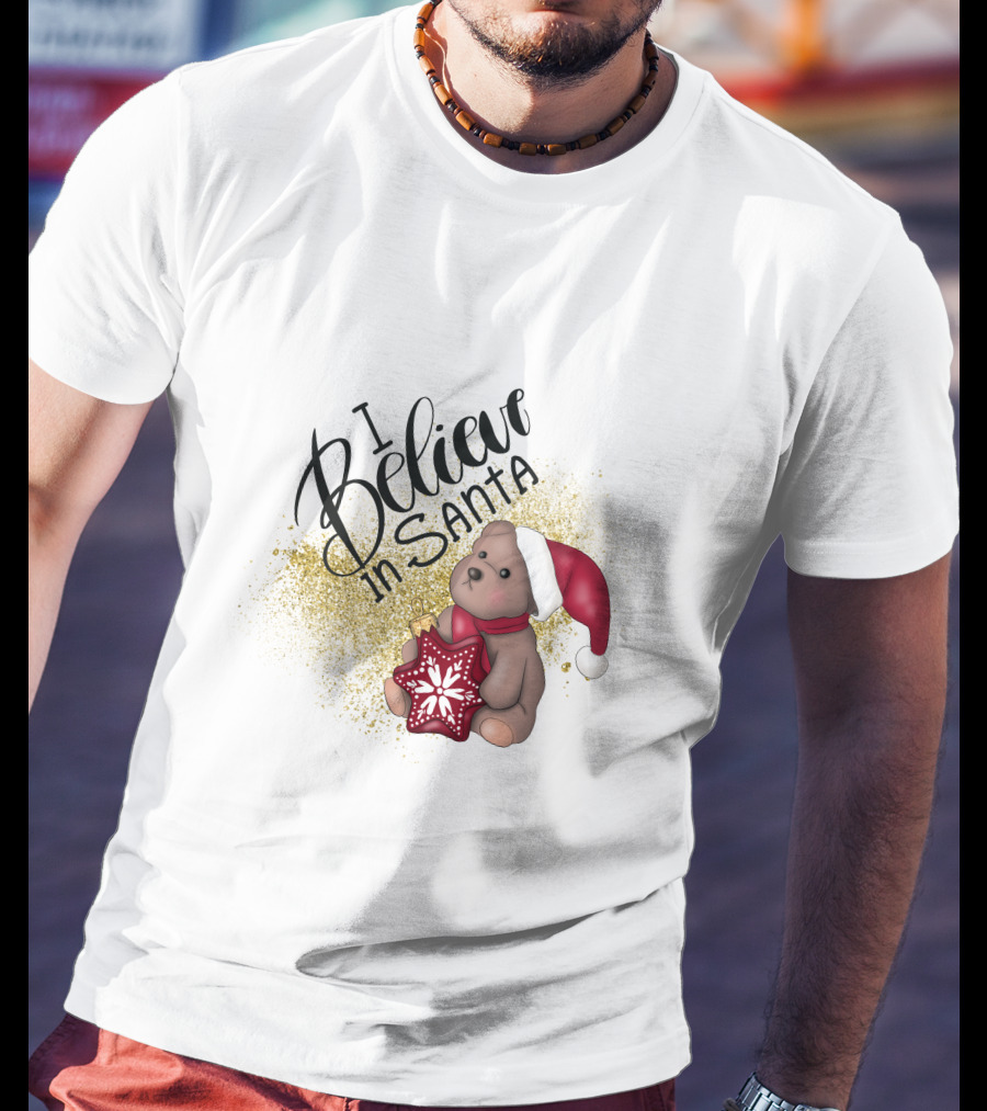 I Believe In Santa Bear With Red Hat And Star Cookie T-Shirt