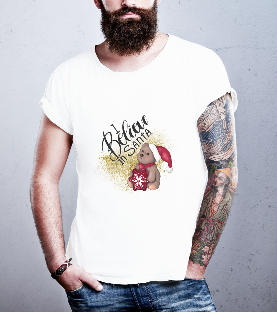 I Believe In Santa Bear With Red Hat And Star Cookie T-Shirt