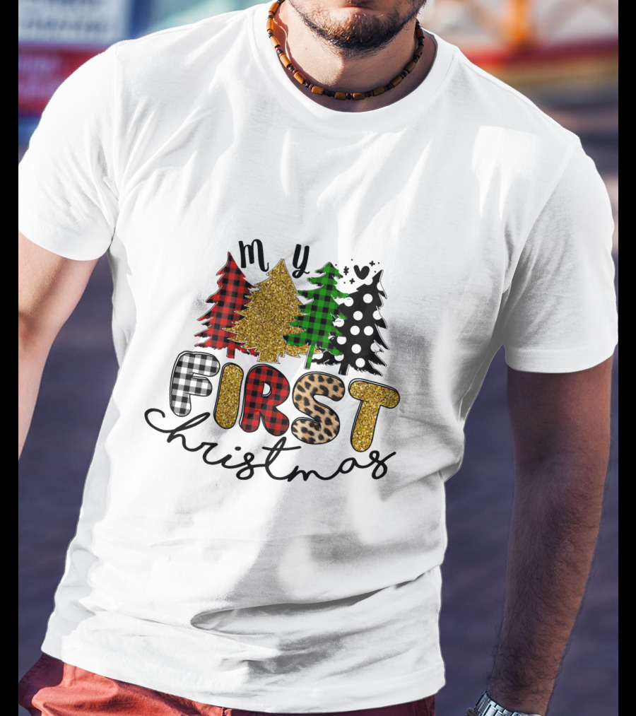 My First Christmas Plaid Glitter Trees Mixed T-Shirt