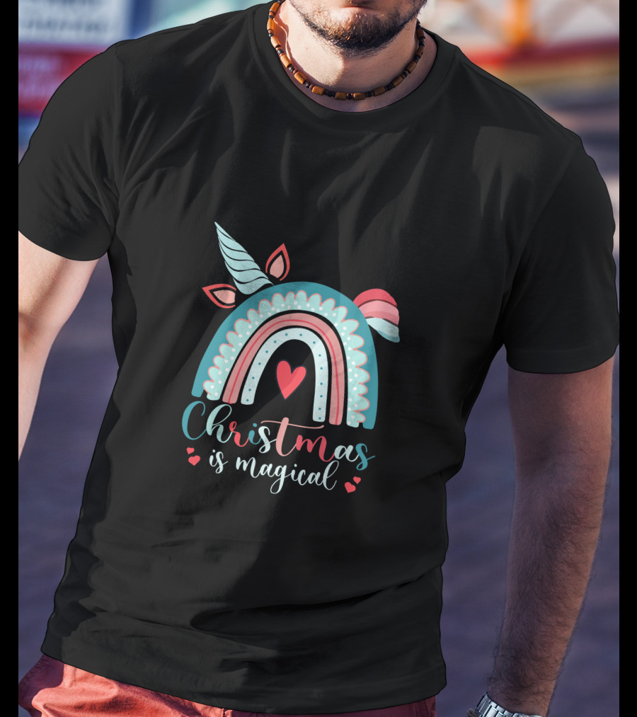 Christmas Is Magical Unicorn Rainbow Heart T-Shirt