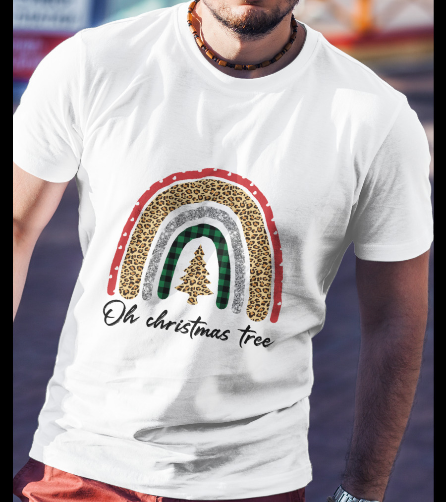 Oh Christmas Tree Leopard Plaid Rainbow T-Shirt