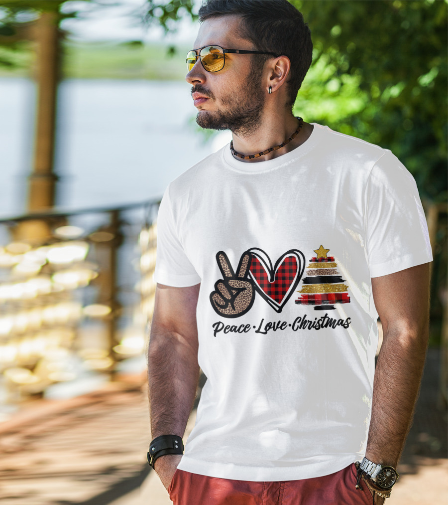 Peace Love Christmas Leopard Plaid Tree Star T-Shirt