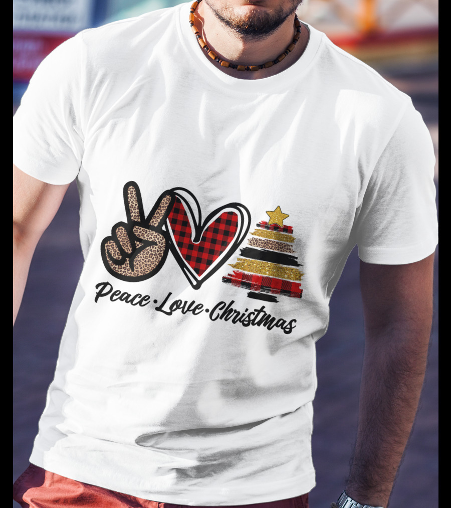 Peace Love Christmas Leopard Plaid Tree Star T-Shirt