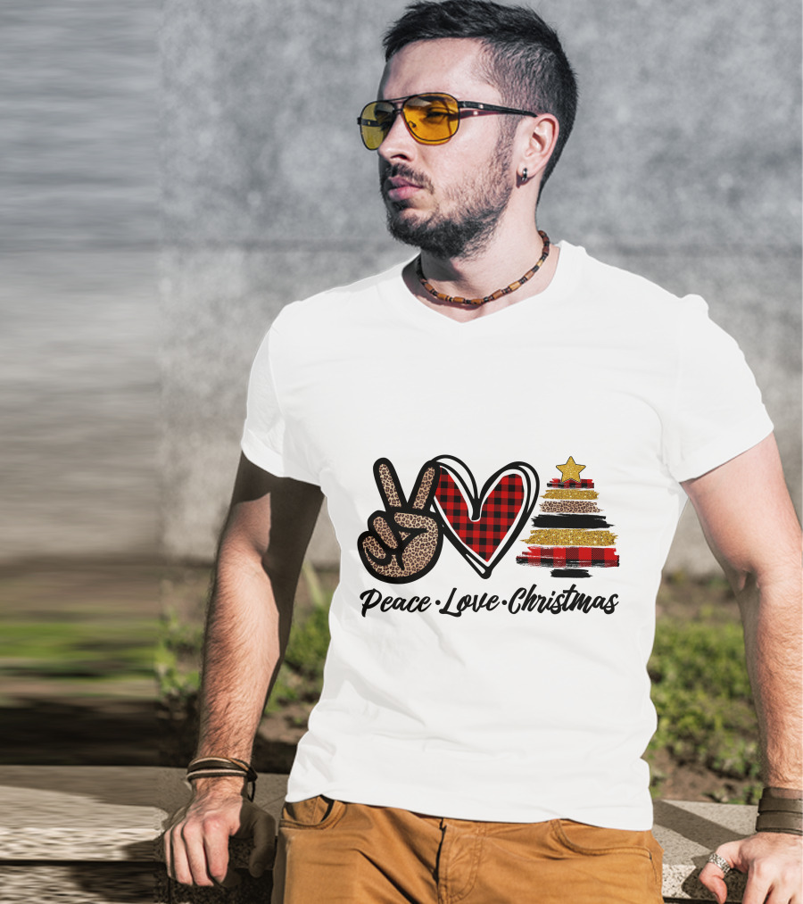Peace Love Christmas Leopard Plaid Tree Star T-Shirt