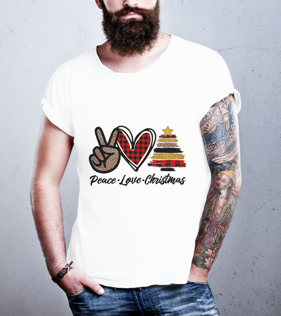 Peace Love Christmas Leopard Plaid Tree Star T-Shirt