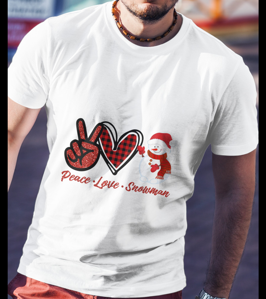 Peace Love Snowman Plaid Heart Glitter Peace Sign T-Shirt