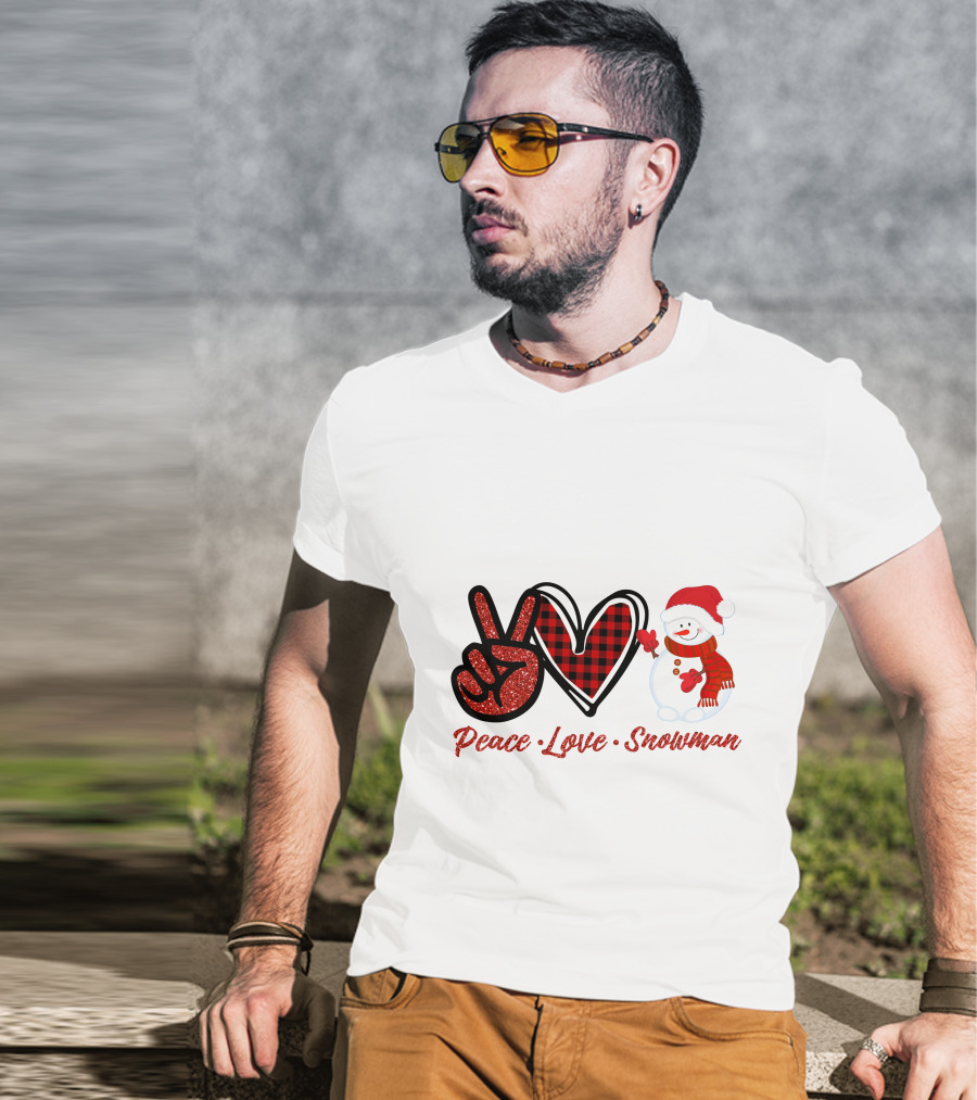 Peace Love Snowman Plaid Heart Glitter Peace Sign T-Shirt