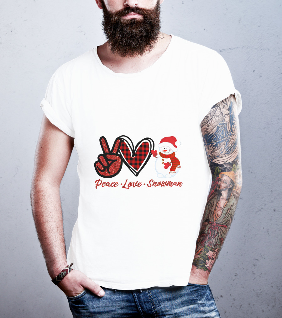Peace Love Snowman Plaid Heart Glitter Peace Sign T-Shirt