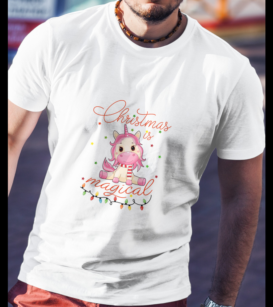 Christmas Is Magical Unicorn With Festive Lights And Stars T-Shirt