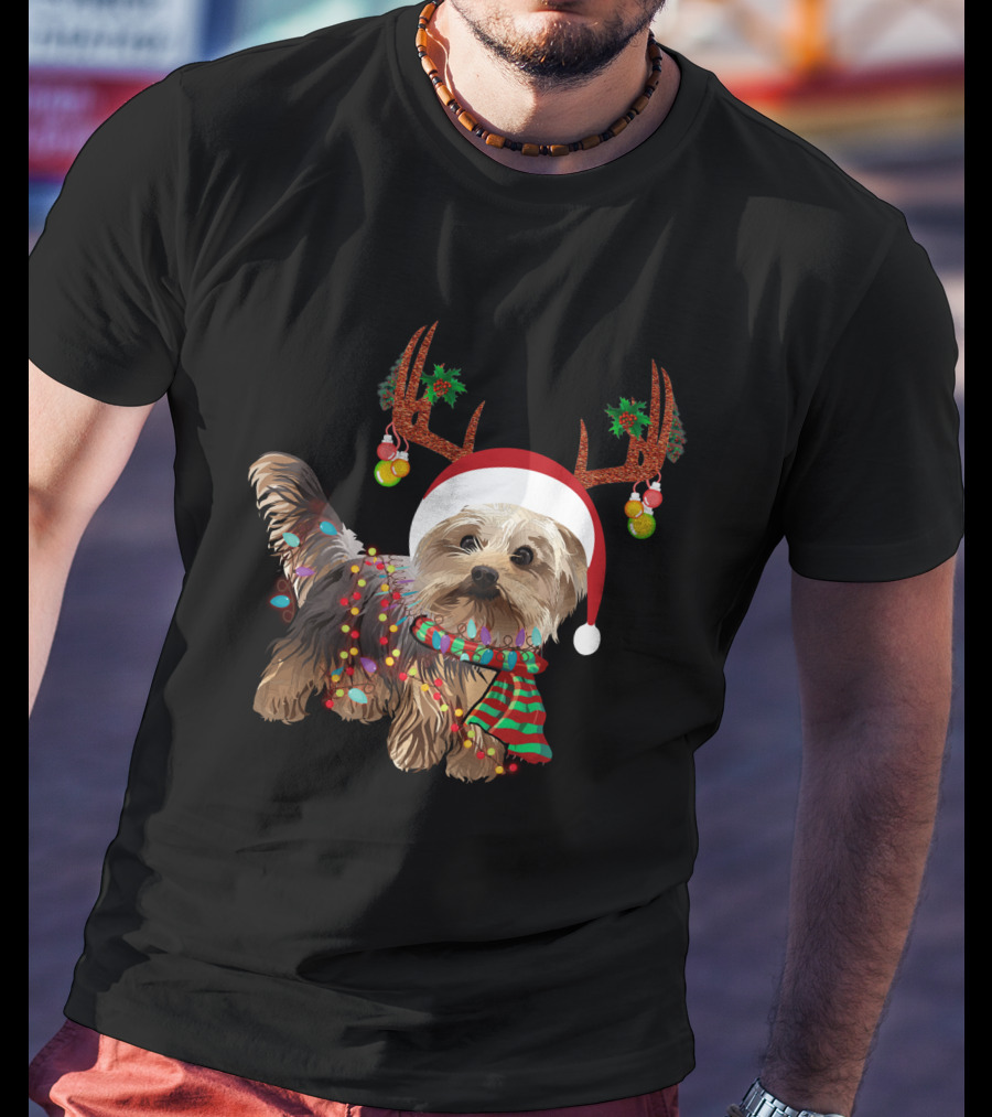 Christmas Cute Dog With Santa Hat And Reindeer Antlers T-Shirt