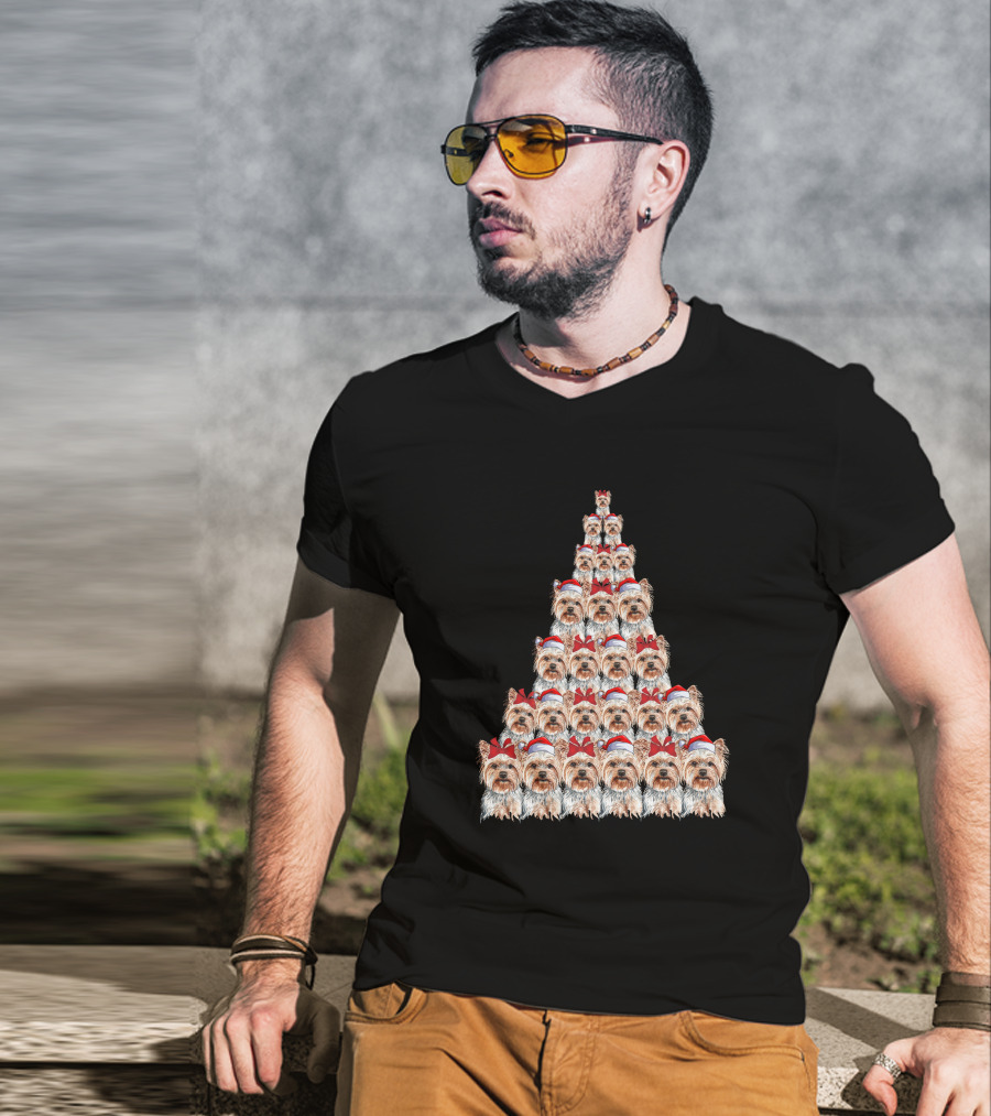 Christmas Yorkshire Terrier Santa Hat Tree T-Shirt