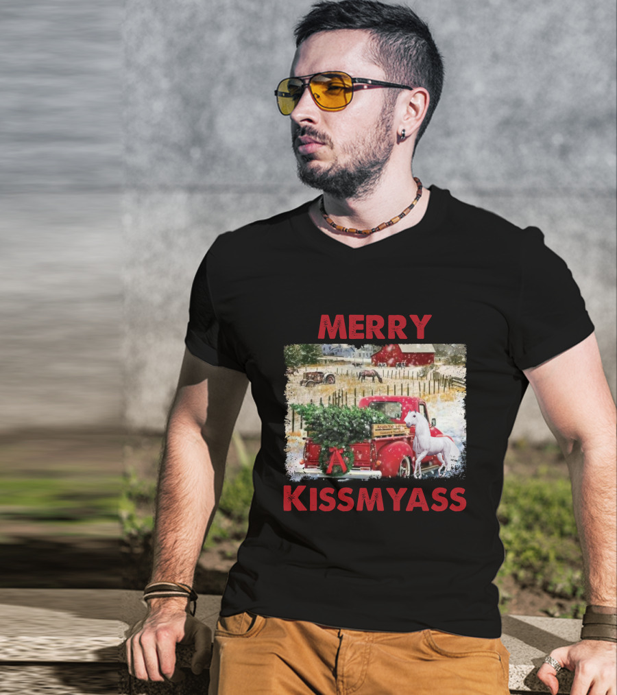 Merry Kissmyass Vintage Truck Christmas Scene With Horse In Snowy Farm Landscape T-Shirt