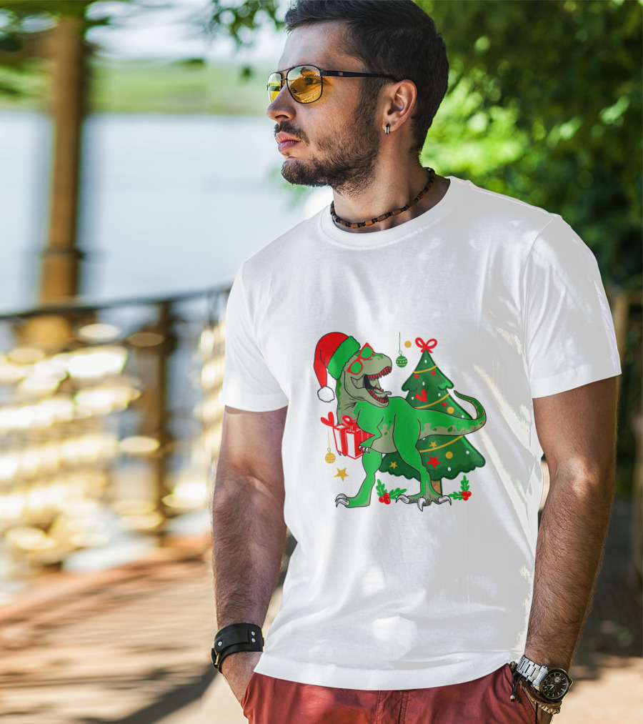 Christmas Dinosaur Santa With Tree And Gift T-Shirt