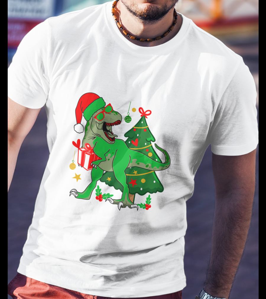 Christmas Dinosaur Santa With Tree And Gift T-Shirt