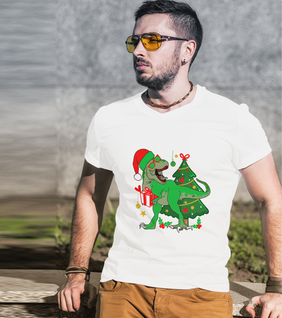 Christmas Dinosaur Santa With Tree And Gift T-Shirt