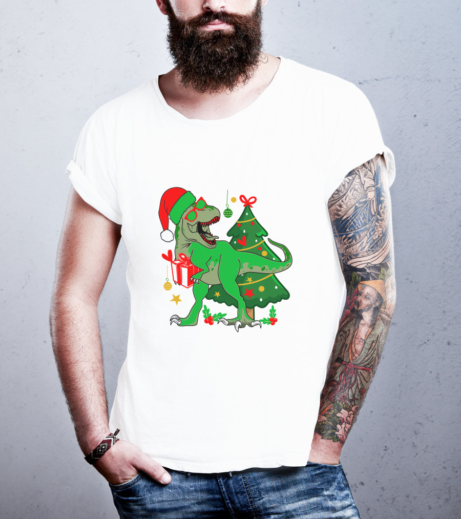Christmas Dinosaur Santa With Tree And Gift T-Shirt