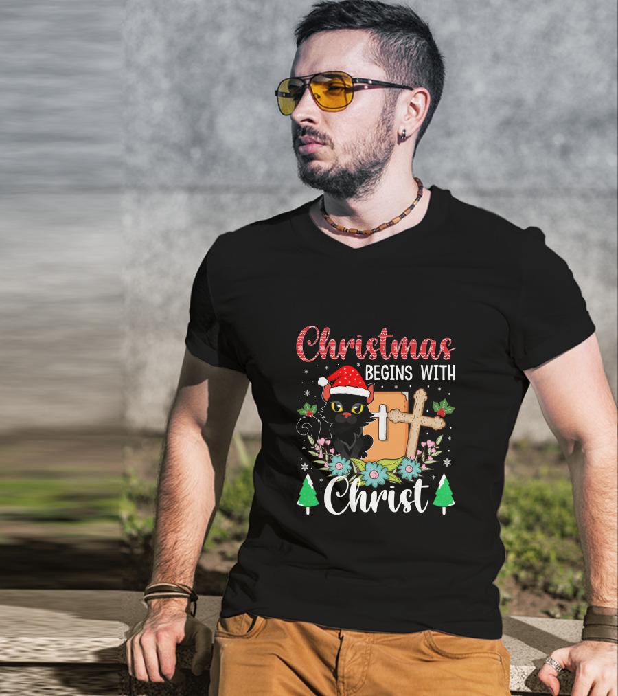 Christmas Begins With Christ Cat Santa Hat Cross Flowers T-Shirt