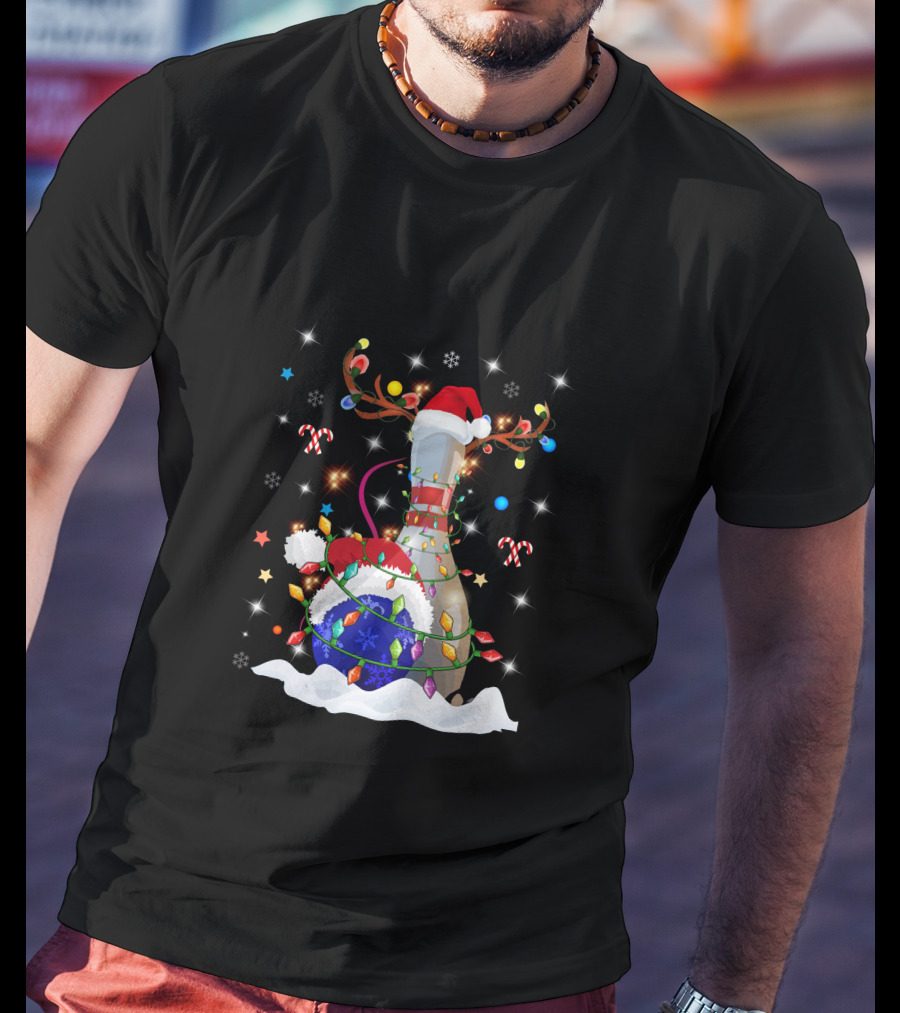 Christmas Bowling Pin With Lights And Santa Hats T-Shirt