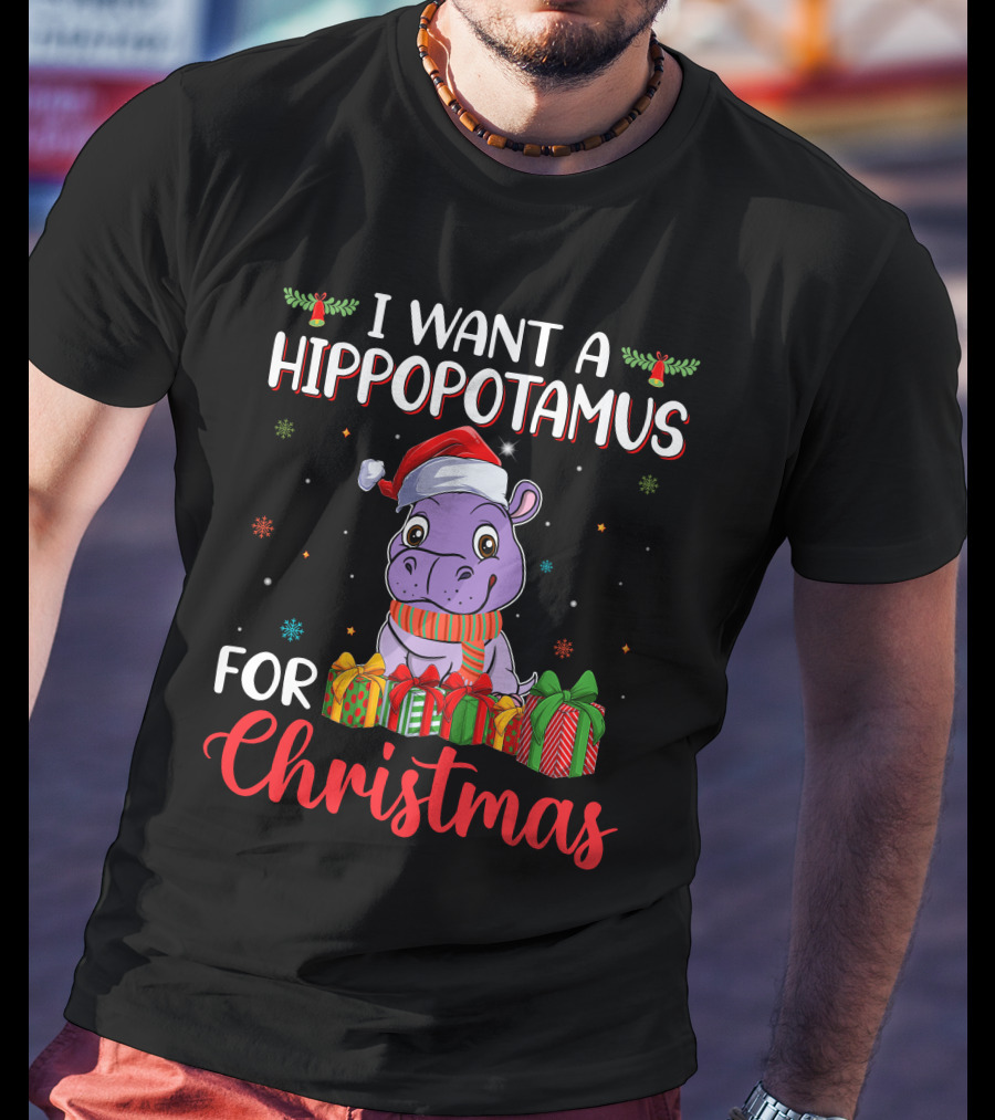 I Want A Hippopotamus For Christmas Santa Hat Present Boxes T-Shirt
