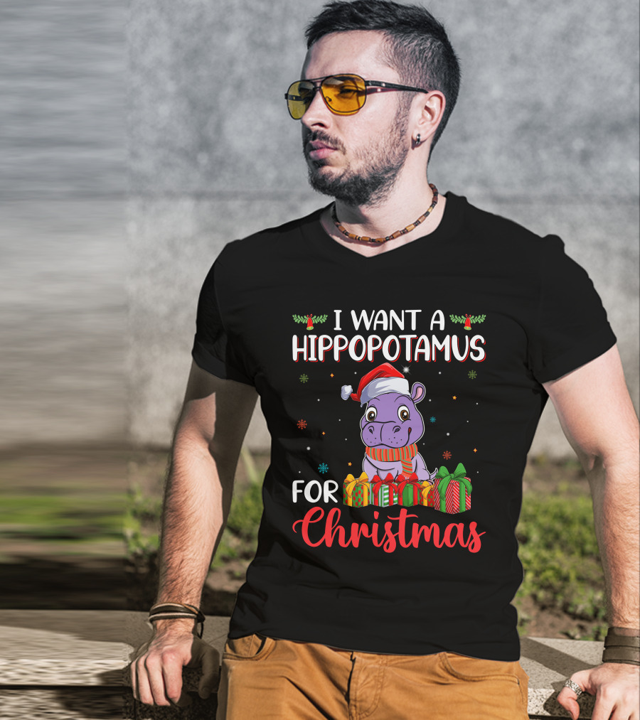 I Want A Hippopotamus For Christmas Santa Hat Present Boxes T-Shirt