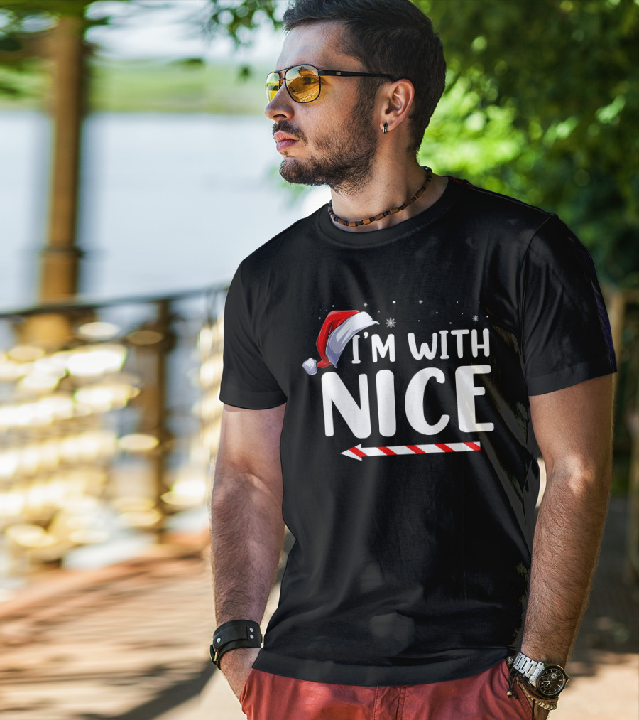 I'm With Nice Christmas Santa Hat Candy Cane Arrow T-Shirt