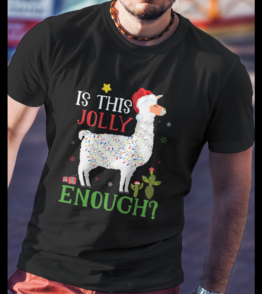 Is This Jolly Enough Christmas Lights Llama Santa Hat T-Shirt