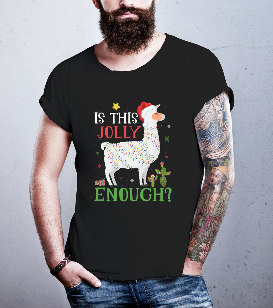 Is This Jolly Enough Christmas Lights Llama Santa Hat T-Shirt