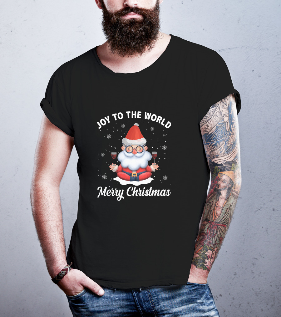 Joy To The World Merry Christmas Santa Meditation With Wine Snowflakes T-Shirt
