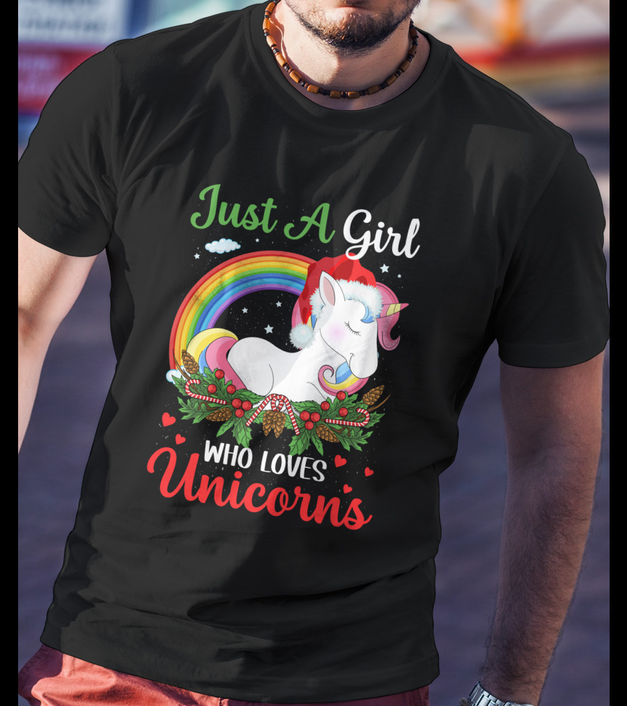 Just A Girl Who Loves Unicorns Rainbow Christmas Santa Hat T-Shirt