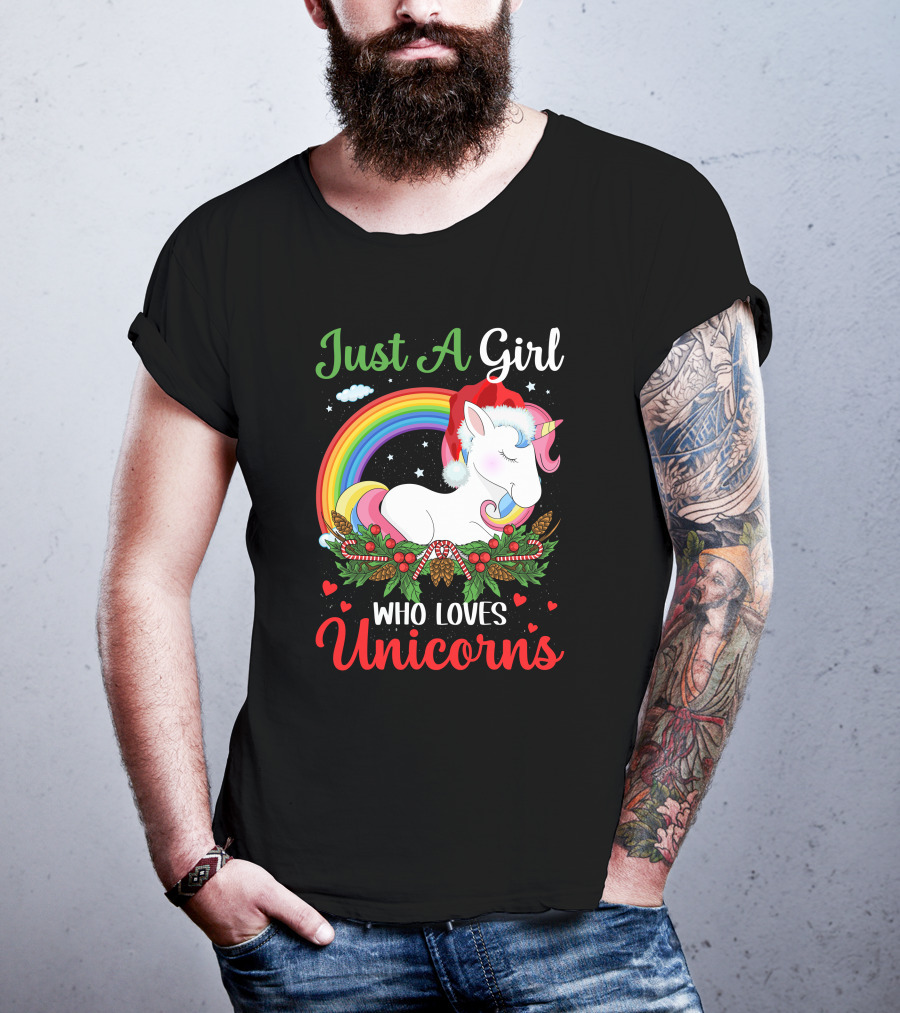 Just A Girl Who Loves Unicorns Rainbow Christmas Santa Hat T-Shirt