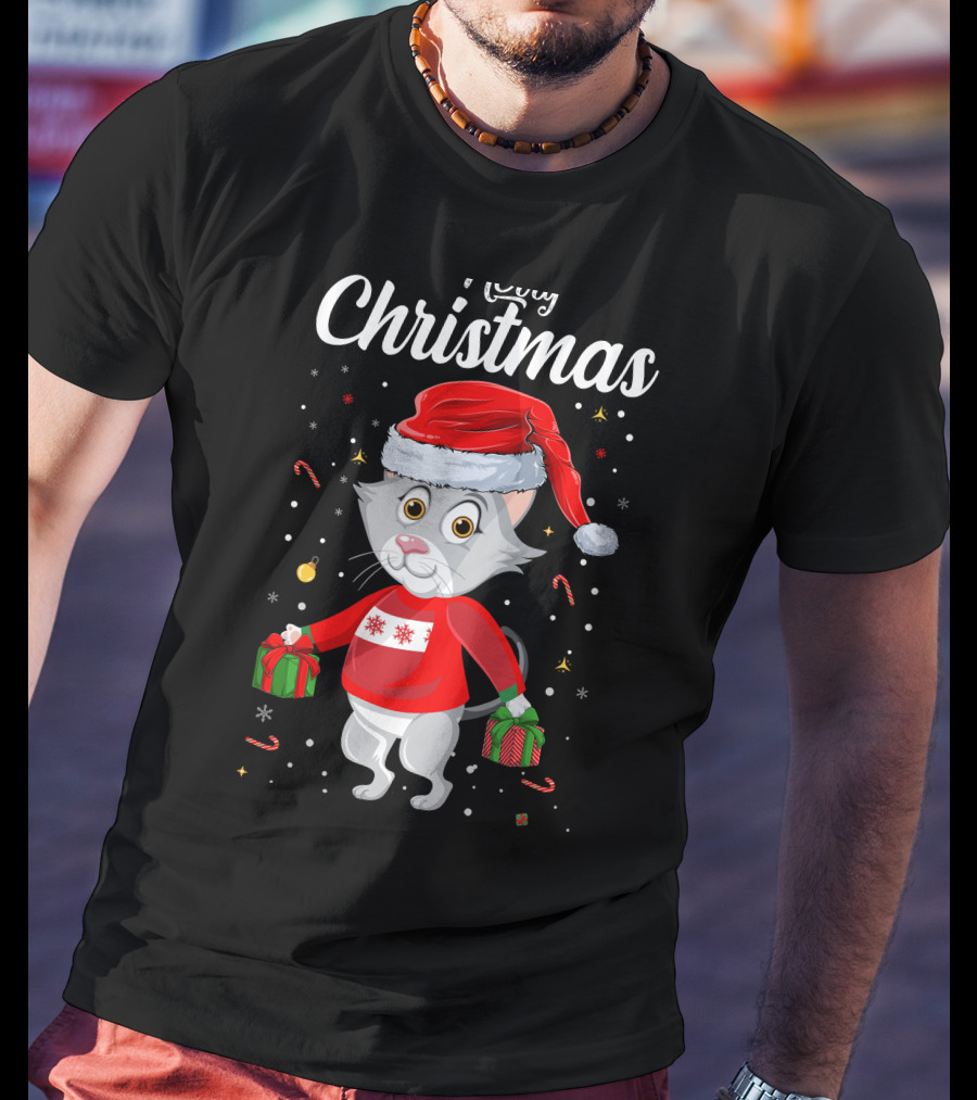 Merry Christmas Catboy With Santa Hat And Gifts T-Shirt