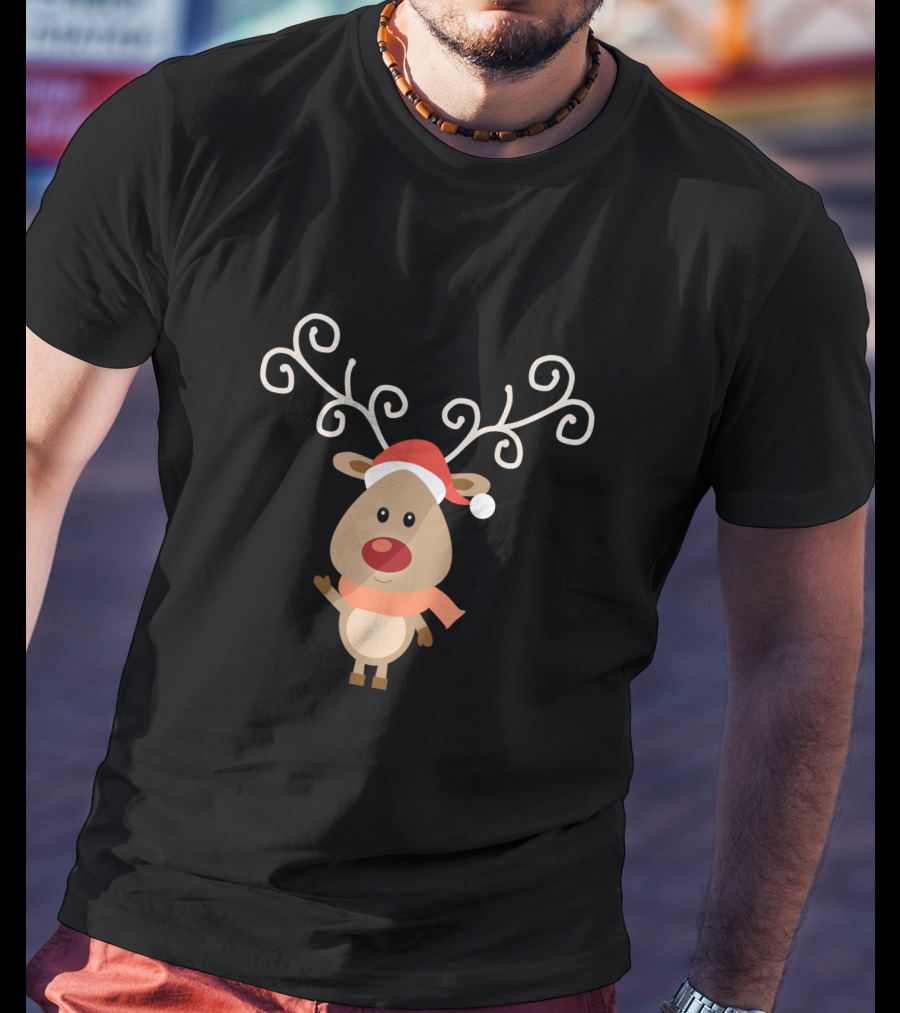 Christmas Reindeer Wear Scarf Cute Cartoon With Santa Hat T-Shirt