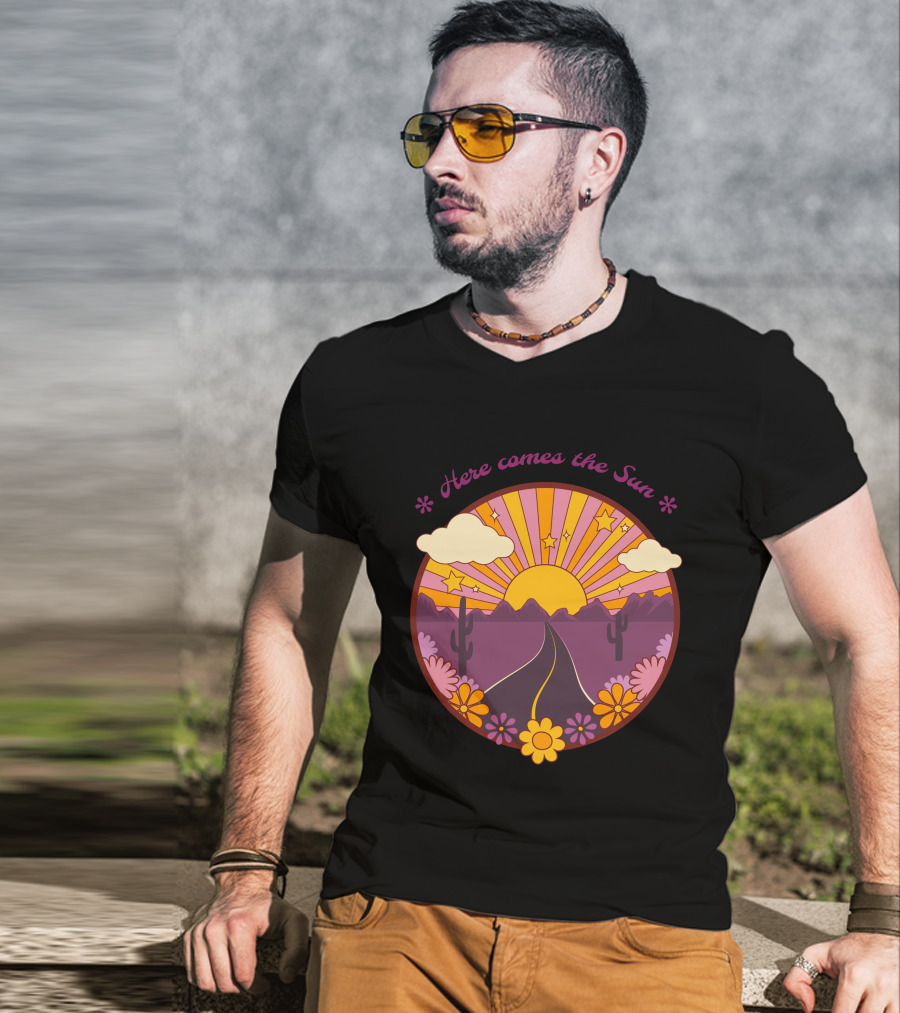 Here Comes The Sun Groovy Sunburst Desert Road With Flowers And Stars T-Shirt