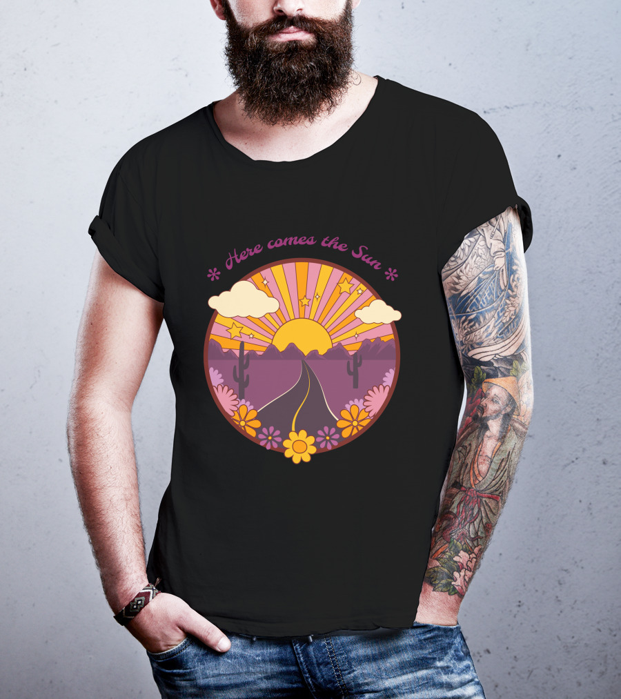 Here Comes The Sun Groovy Sunburst Desert Road With Flowers And Stars T-Shirt