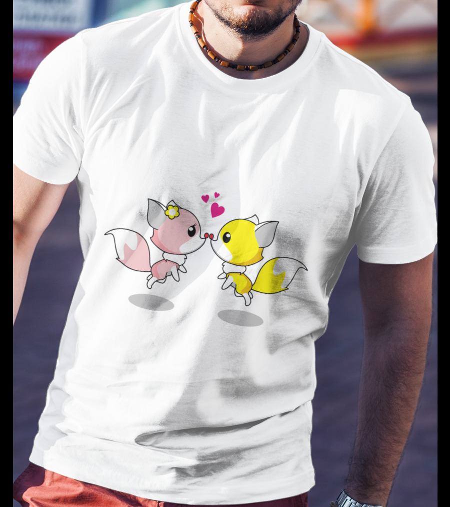 Cute Foxes In Love Kissing Hearts Blossom Yellow Pink Foxes T-Shirt