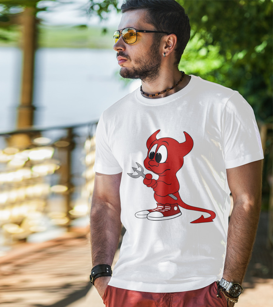 Devil In Sneakers Holding Pitch Fork Cartoon T-Shirt